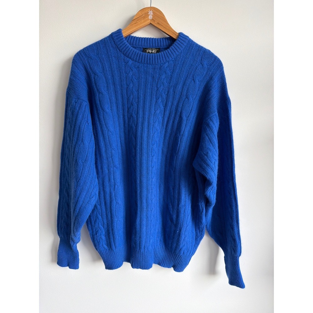 Vintage PING Karsten Blue Cable Knit Sweater 75% Wool 25% Angora Scotland Mens M